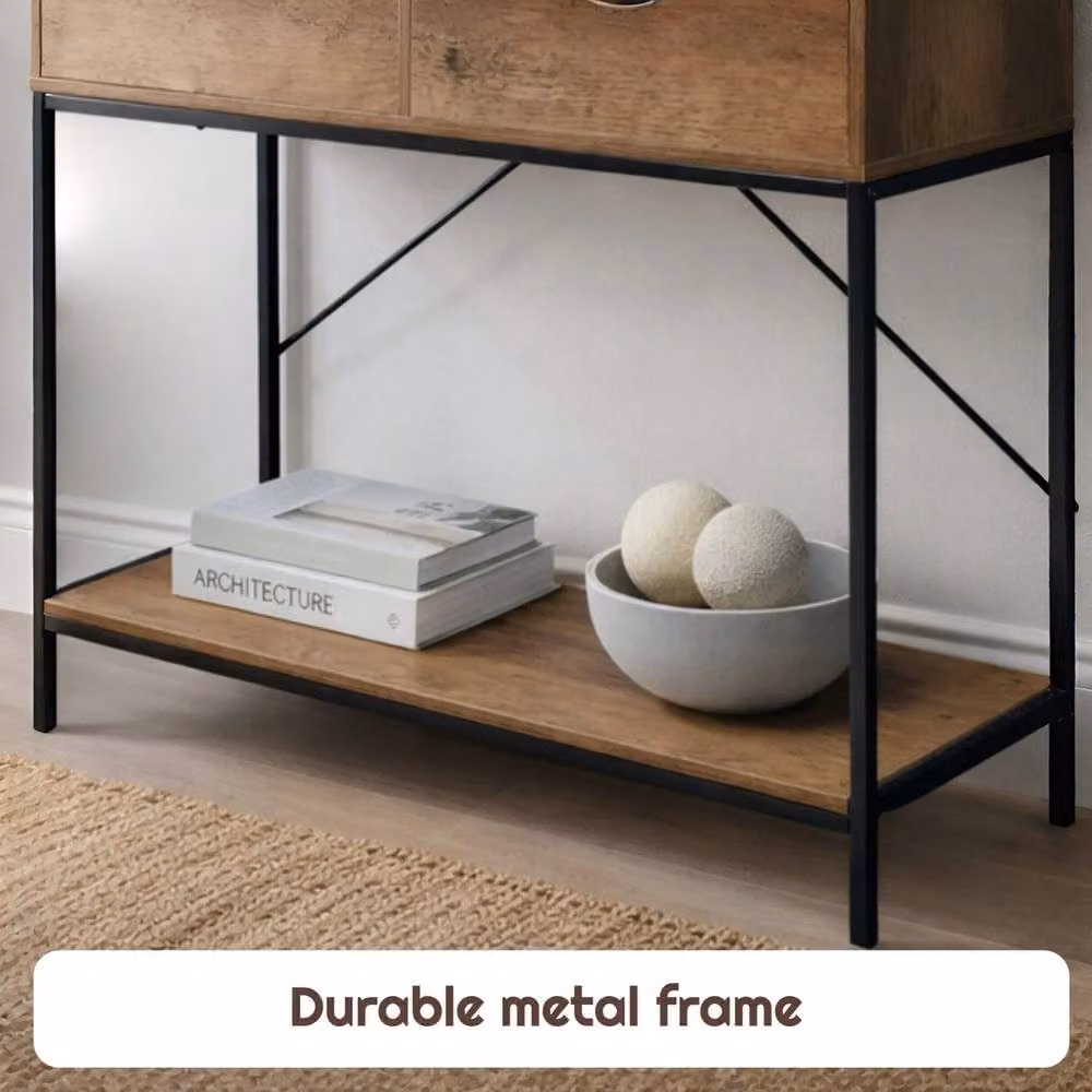 FORGEVIO Modern 2 Tier Console Table with Drawer, Black Metal Frame and Multicolour Wood, W/D/H: 75 x 30 x 80 cm – 4