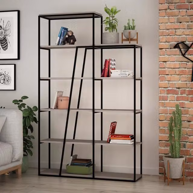 FWStyle Industrial Style Metal Bookshelf in Black and Mocha Grey