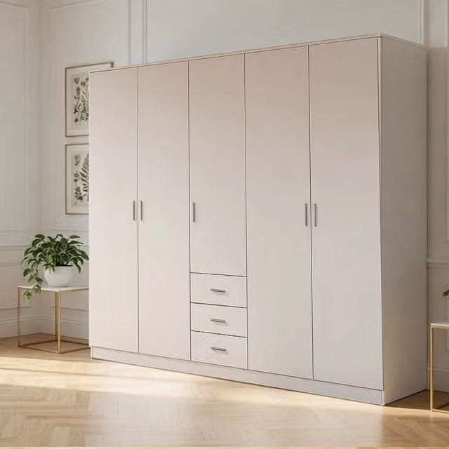 Venice White 5 Door Wardrobe with 3 Integrated Drawers