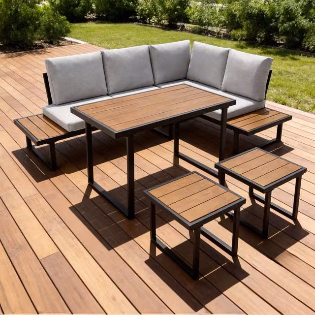 more4homes Amalfi Garden Dining Set 6 Seater Corner Sofa with Table in Grey and Black
