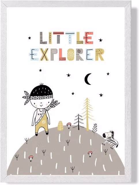 ARTZE Cute Little Boy Explorer Scandi Quote Framed Print, White Frame, Pale Blue, A3 – 1