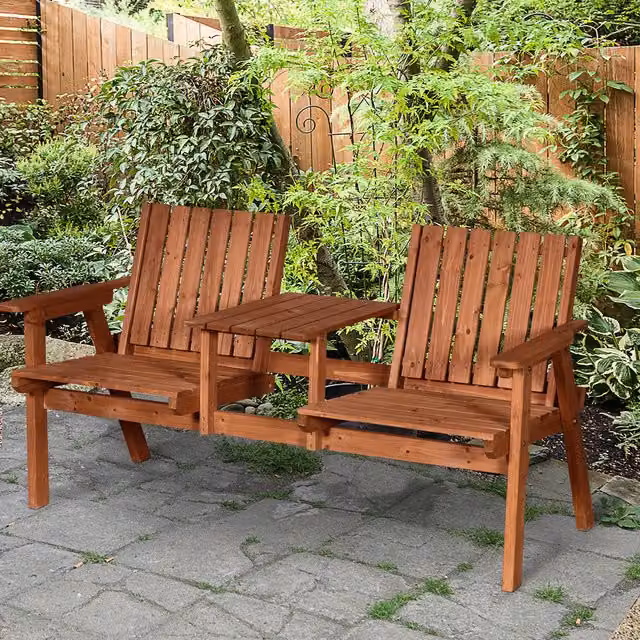 Outsunny Rustic Fir Wood 2 Seat Bench with Table in Orange and Brown