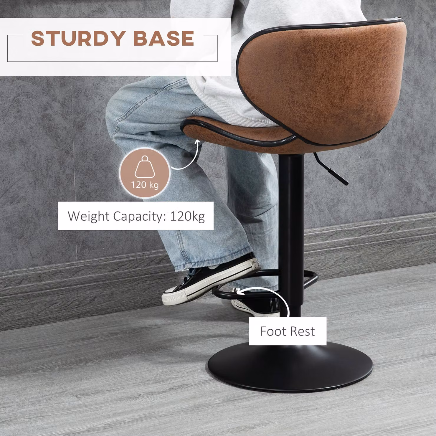HOMCOM Set of 2 Modern Swivel Bar Stools in Brown Microfibre or Synthetic Leather with Adjustable Height and Metal Base – 5