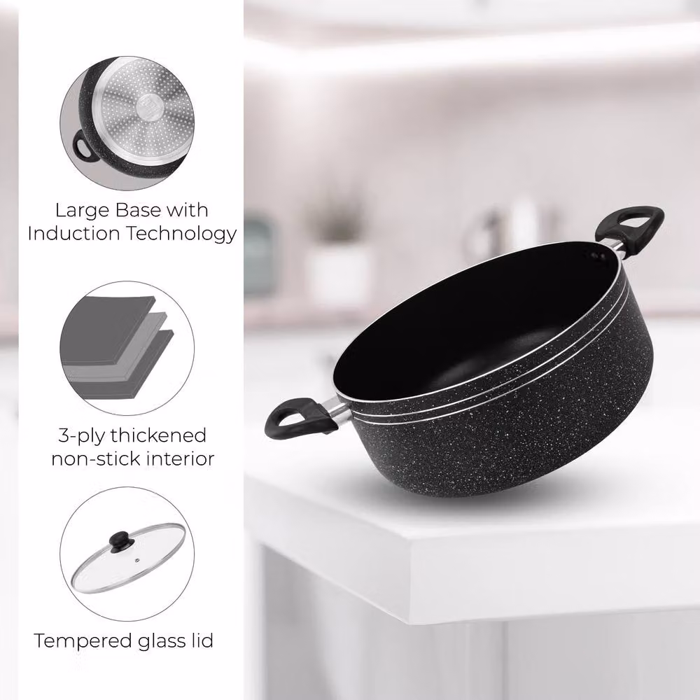 Royalford Non-Stick Casserole Dish and Stockpot with Glass Lid, Black, Diameter: 24 cm – 4