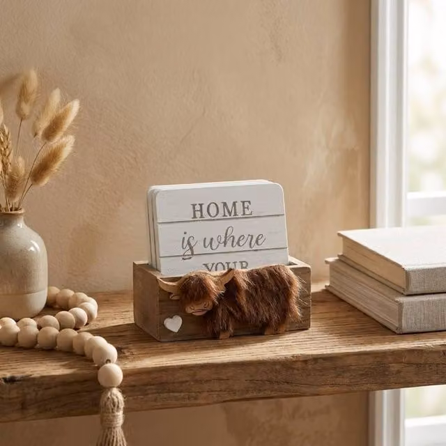 Garden Greatness Country Highland Cow Ceramic Coaster Set with Holder, White and Multicolour
