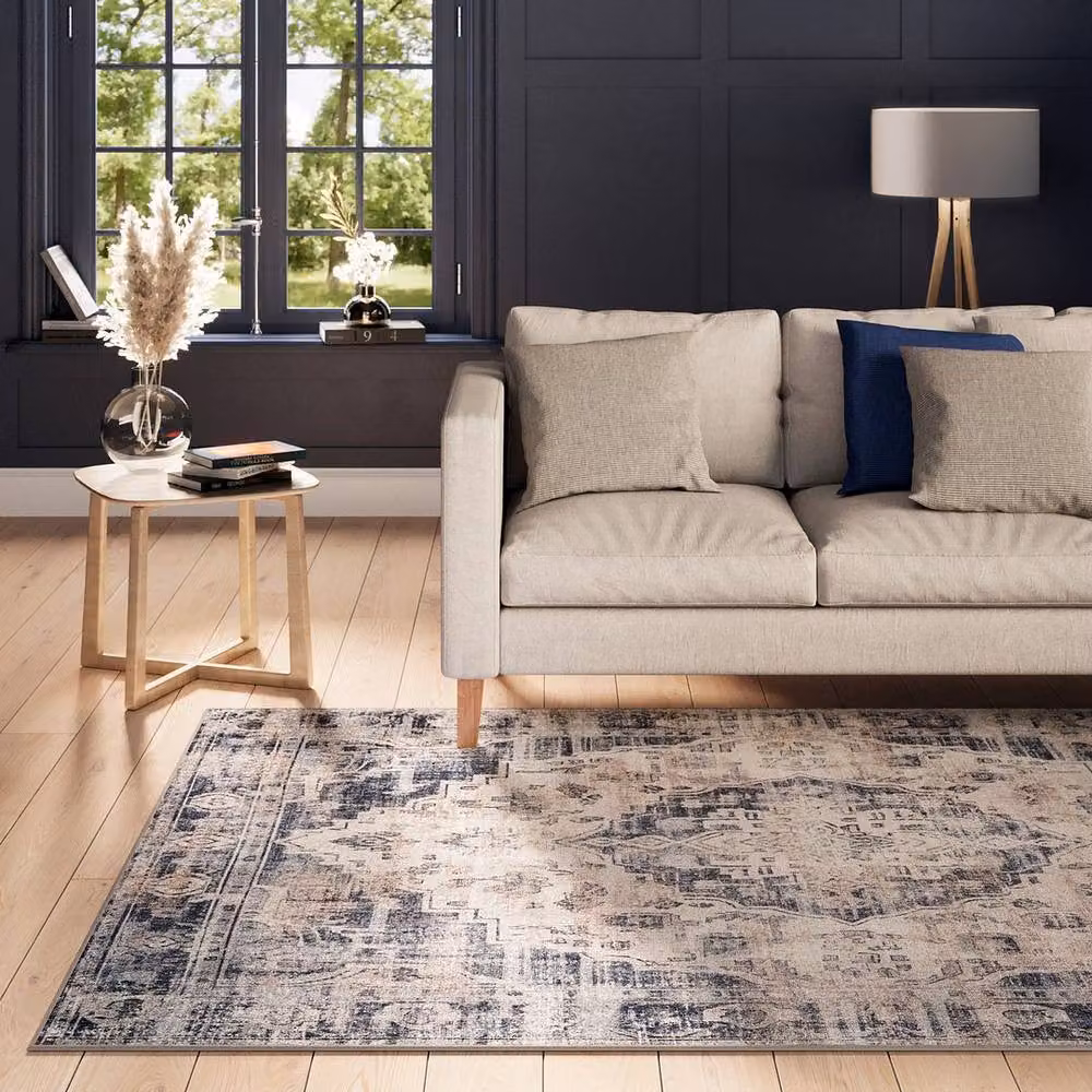 Kukoon Beige and Blue Distressed Vintage Medallion Cotton Area Rug, W: 120 cm, L: 170 cm – 2