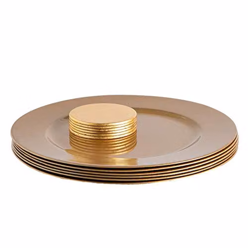 Argon Tableware 12pc Gold Metallic Charger Plates and Coasters Set in Melamine, Diameter: 33 cm – 1