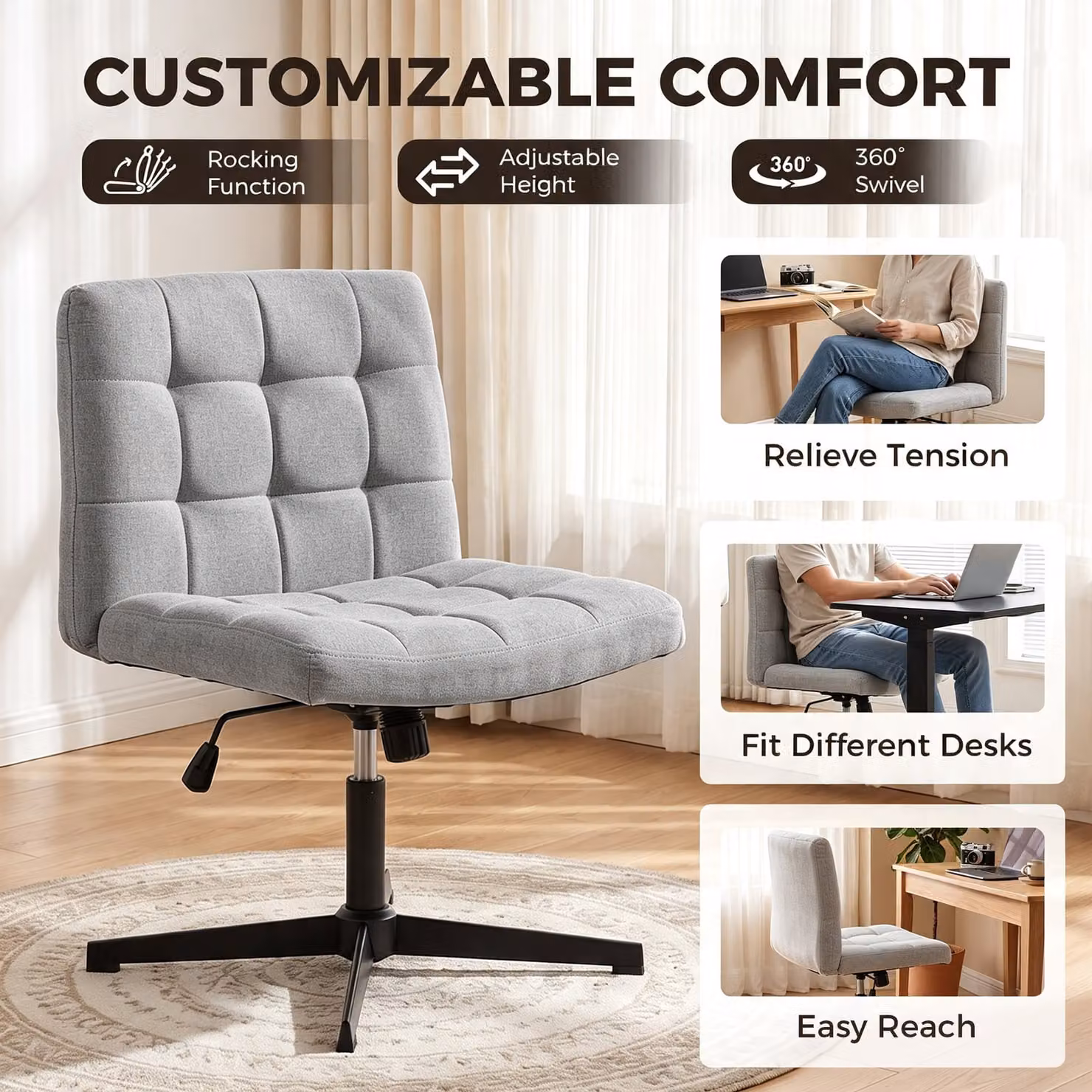 HOMCOM Armless Grey Linen Office Chair with Rocking Function and 360 Degree Swivel, W/D/H: 120 x 61 x 50 cm – 4