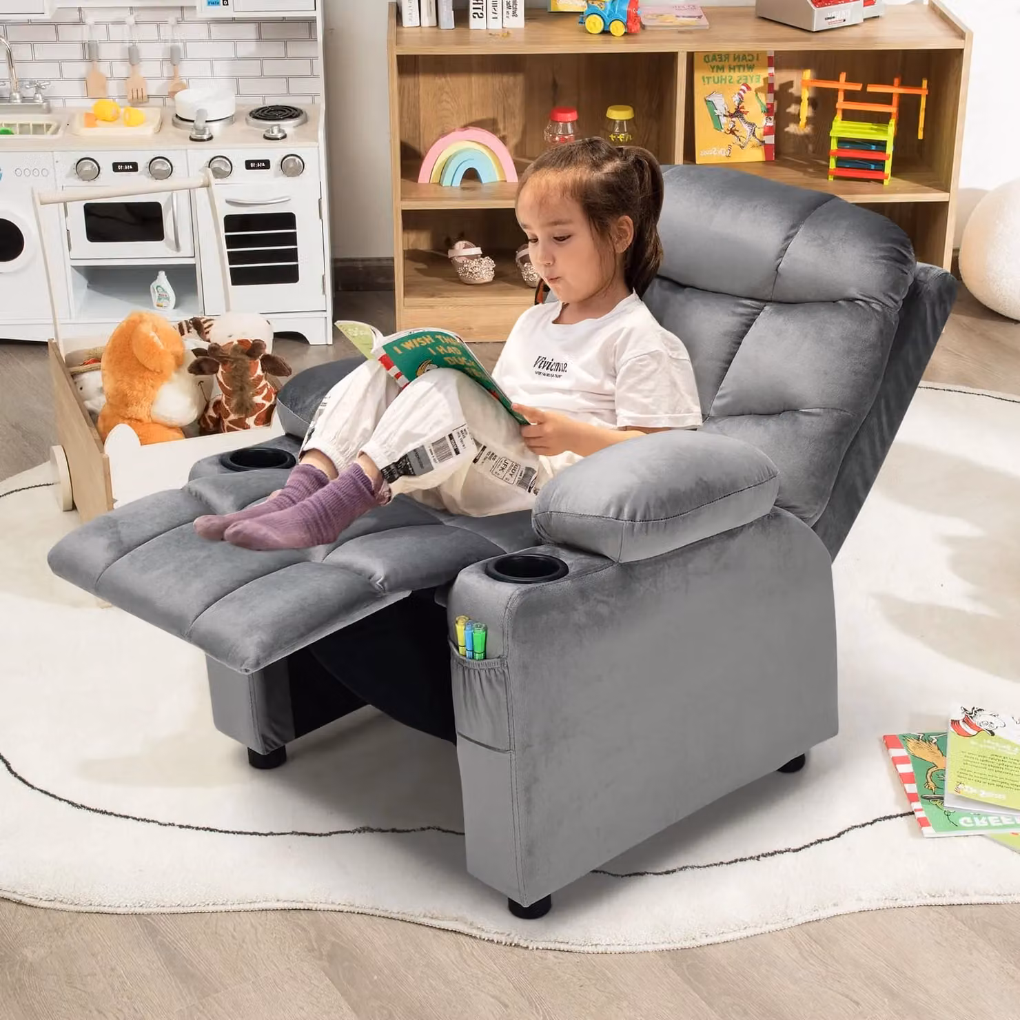 Costway Grey Velvet Fabric Recliner Chair with Adjustable Back and Armrests – 3