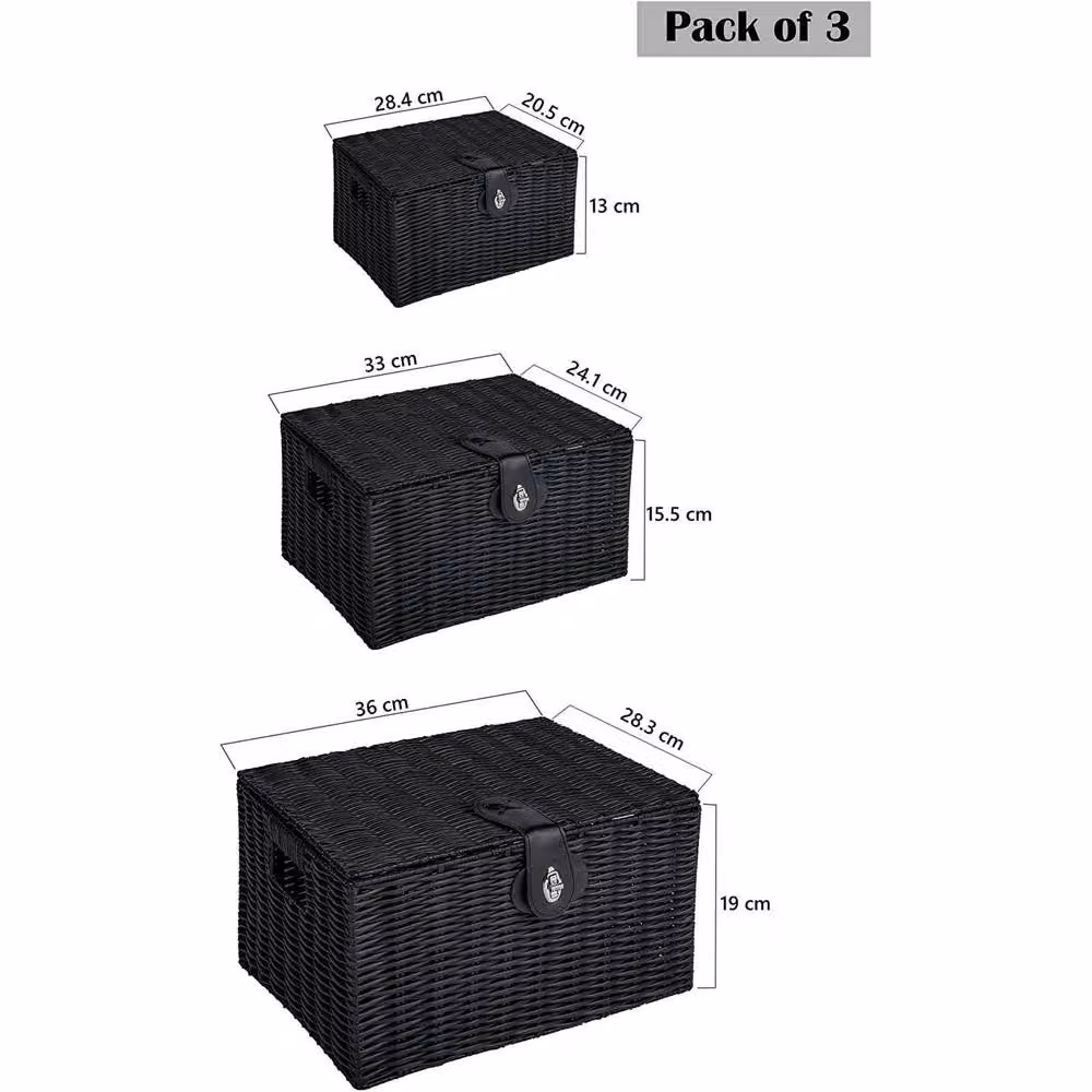 MANTRARAJ Set of 3 Black Resin Wicker Woven Storage Baskets with Lids and Locks – 2