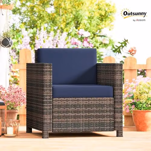 Outsunny Rattan Garden Armchair with Cushions, Brown and Navy Blue – 2