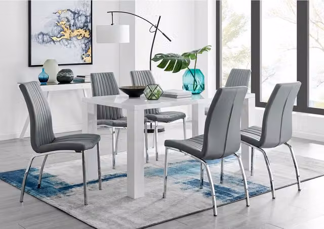 FurnitureboxUK Pivero White High Gloss Rectangular Dining Table and 6 Isco Chairs Set in Grey
