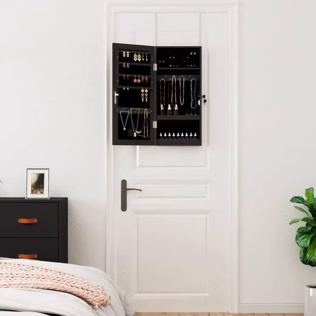 Berkfield Home Wall Mounted Mirror Jewellery Cabinet with LED Lights, Black, H: 67.0 cm x W: 31.5 cm x D: 9.0 cm – 1