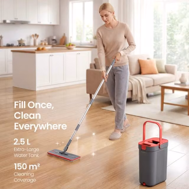 SONGMICS Spin Floor Mop and Bucket Set with Pedal Wringer and Telescopic Handle, Grey/Blue, 1.99kg
