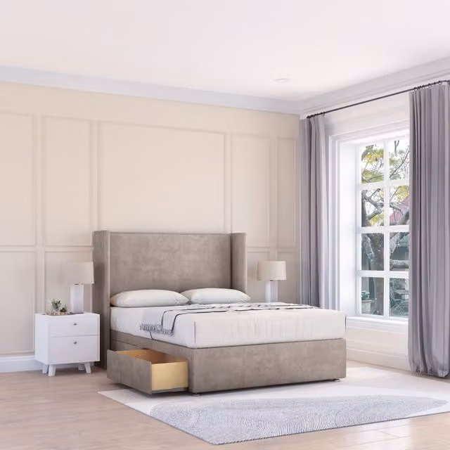 Sloomy Devonshire Plush Wingback Bed Set with 2 Drawers and Floor Standing Headboard in Beige, W/D/H: 140 x 200 cm