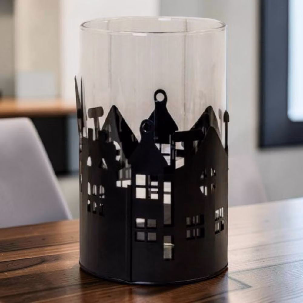 Four Candle Black Metal House Scene Candle Holder with Glass Insert – 2