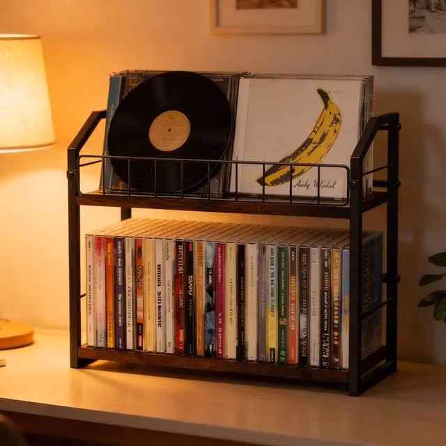 VOGREX Vintage 2-Tier Black Metal and Wood CD DVD Desktop Rack – 1