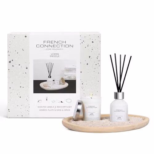 French Connection Lemon Drizzle Home Fragrance Gift Set in Sand with Scented Candle, Reed Diffuser and Wooden Plate