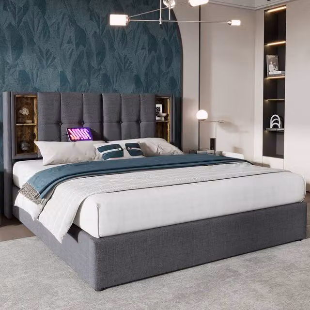 Rolipo Grey Linen Super King Size Bed with Hydraulic Storage and USB Charging Ports W/D/H: 180 x 200 cm – 1