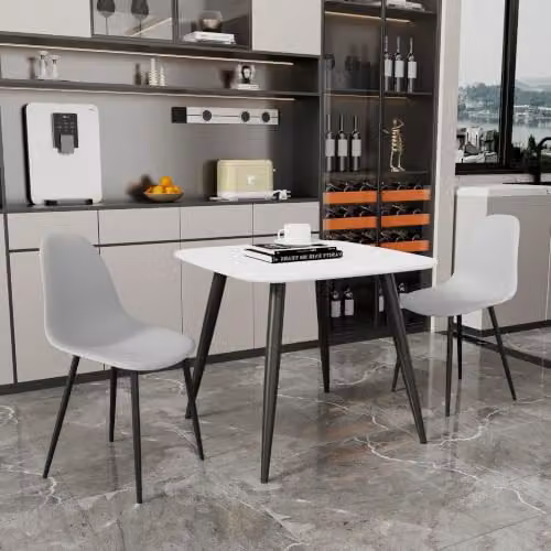 Core Products Aspen 3-Piece Dining Set with Square White Wood Table and Grey Ergonomic Plastic Chairs and Black Metal Legs – 2