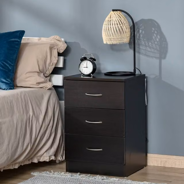 HOMCOM Modern Black Bedside Table with 3 Drawers and Glass Top