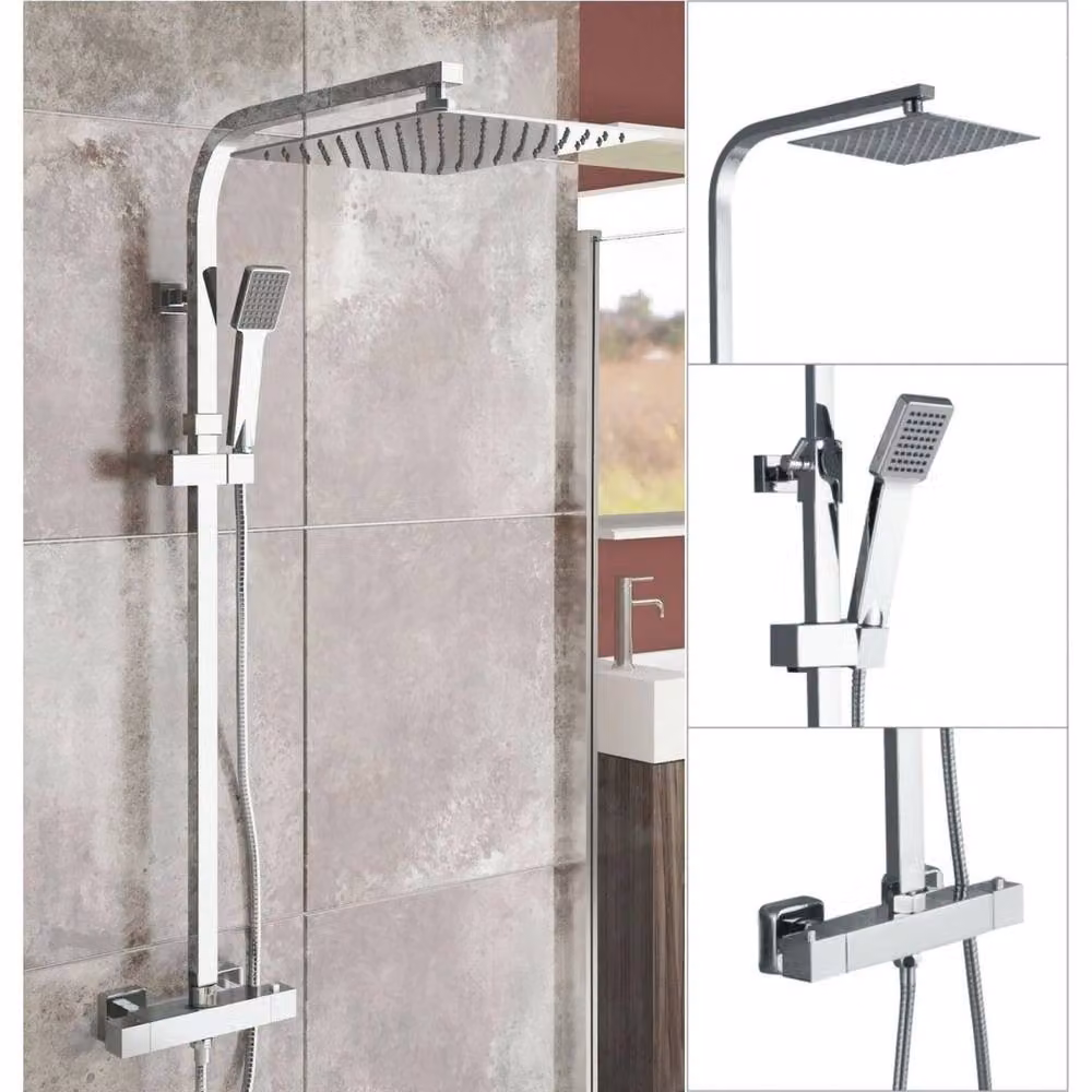 NESTLUNE Silver Thermostatic Exposed Twin Head Shower Mixer Set with Single Lever and Safety Stop – 3