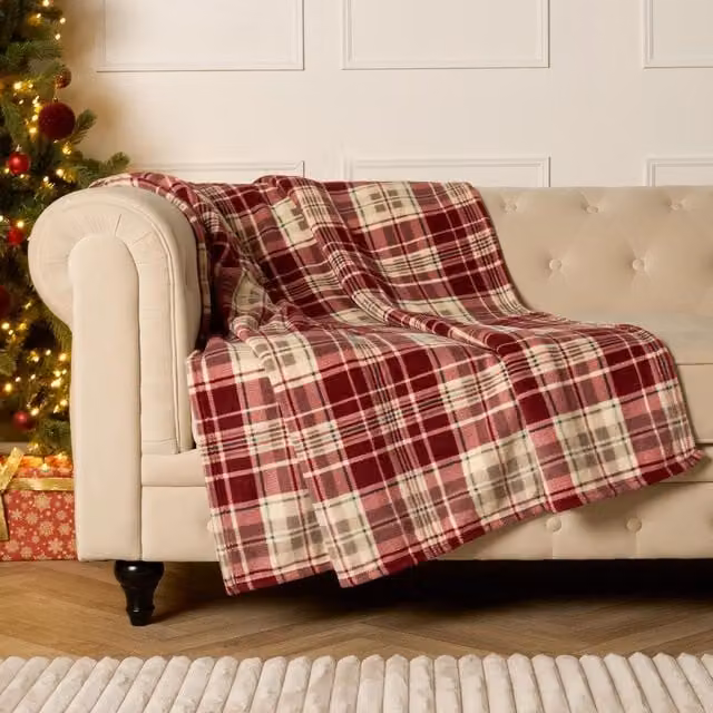 OHS Christmas Checked Red Sherpa Fleece Throw