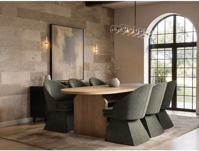 Solace+Co Varm Oak Extendable Dining Table and Aiko Green Set of 6 Chairs in Brown