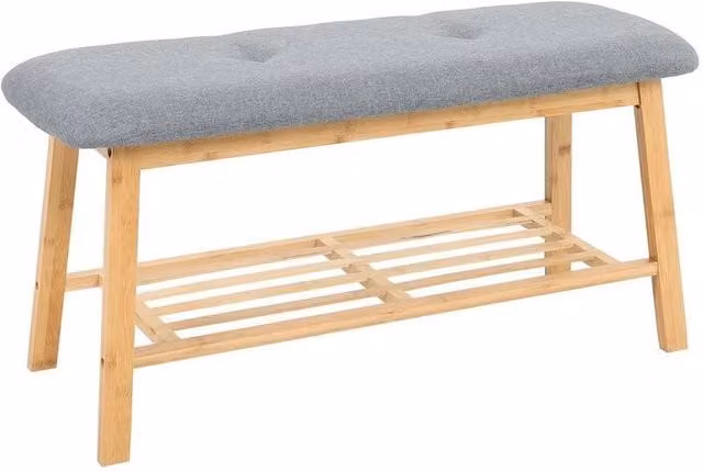 KORVIXA Linen Shoe Bench and Storage Rack with Padded Seat in Grey – 1