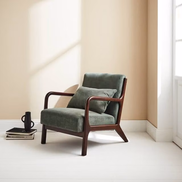 sweeek Scandi-style Armchair in Green Corduroy with Hevea Wood Frame – 1