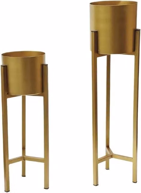 FLAVORA Set of 2 Gold Round Tabletop Planter Pots with Metal Stands