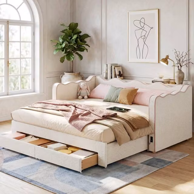 BTM Single Daybed Sofa Bed with Trundle Storage Drawers and USB Charging Port in Beige and Pink Boucle Fabric W/D/H: 190 x 90 x 74 cm