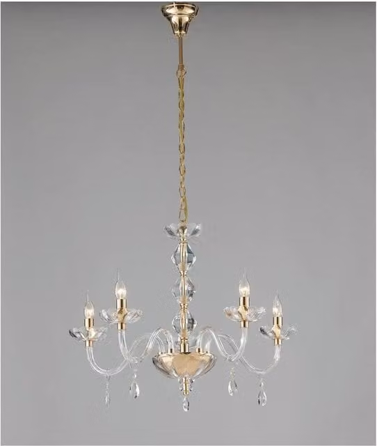 Netlighting RIFLESSO 5 Light Gold Crystal Suspended Chandelier, W: 70 cm, D: 53 cm