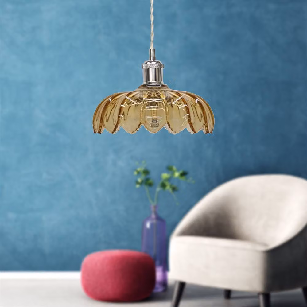 First Choice Lighting Alice Set of 2 Amber Leaf Design Glass Pendant Shades with Chrome Flex Set – 3