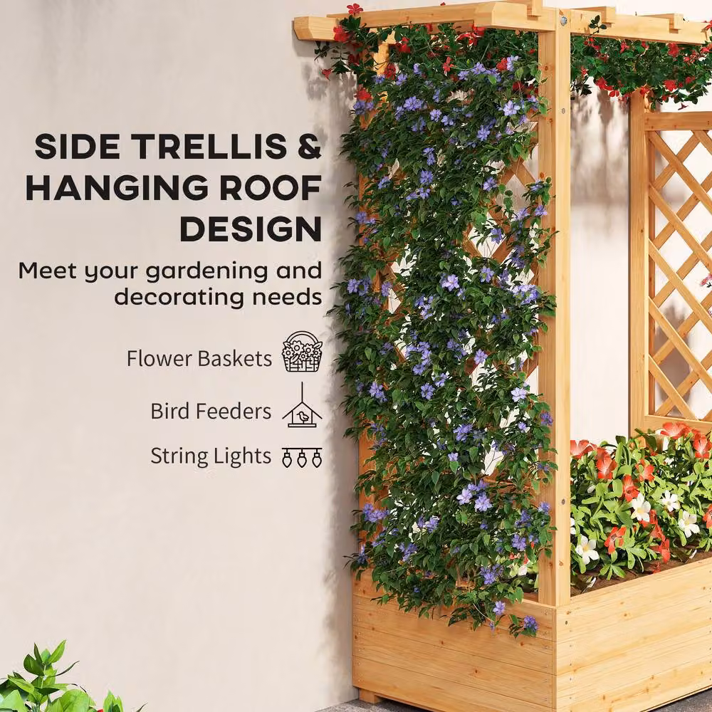 OUTSUNNY Wooden Raised Bed with Trellis for Ornamental or Vegetable Gardens, Natural/Brown, W: 110 cm, D: 44 cm, H: 113 cm – 3