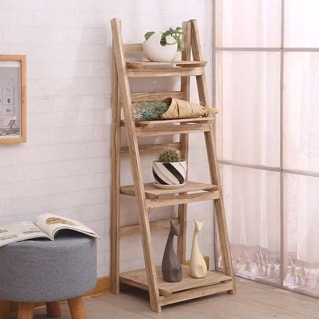 KORVIXA 4 Tier Foldable Wooden Ladder Shelf Planter Stand in Brown, W/D/H: 60 x 34.5 x 110 cm