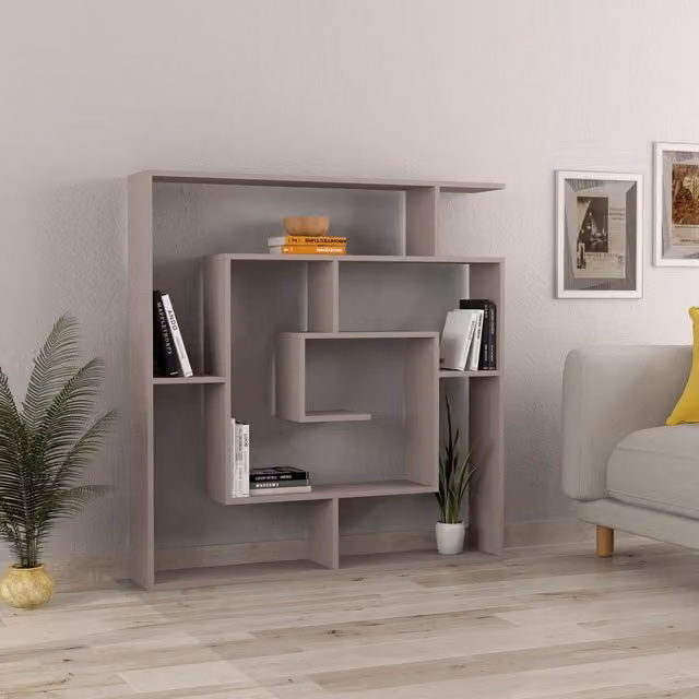 FWStyle Modern Maze Inspired Geometric Bookcase Room Divider Shelving Unit in Mocha Grey