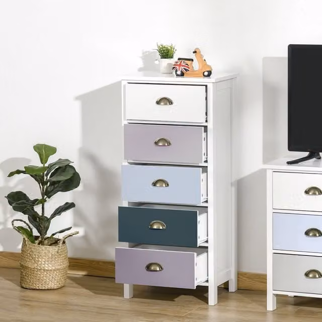 HOMCOM 5 Drawer Storage Cabinet Chest of Drawers in White