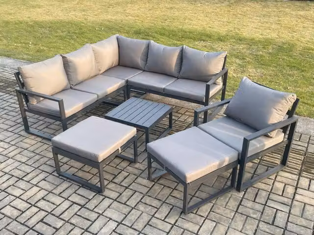 Fimous Outdoor Garden Furniture Set in Dark Grey, featuring Powder Coated Aluminium Frame, 2-Seater Sofa, Armchair, Coffee Table and 2 Ottomans