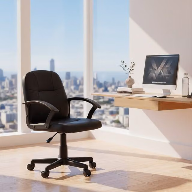 Orsina Ergonomic Black Faux Leather Home Office Chair with Armrests and Castors – 1