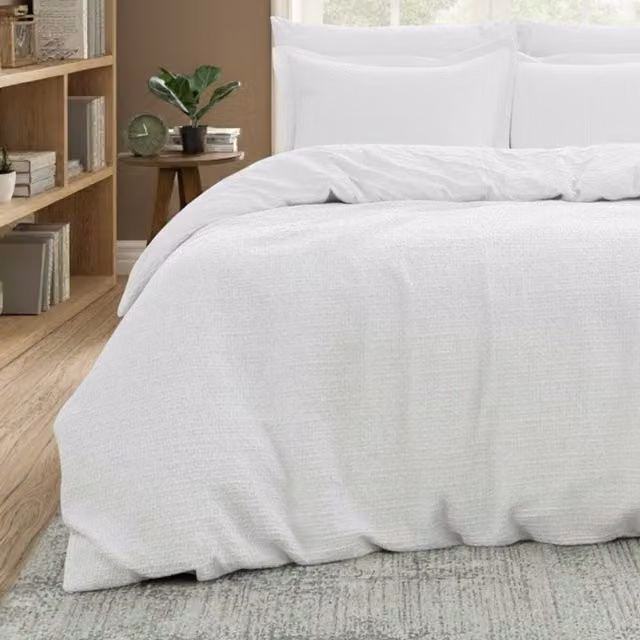 MHG Living Chunky Waffle Duvet Cover and Pillowcase Set in White, Superking, W: 200 cm x L: 200 cm