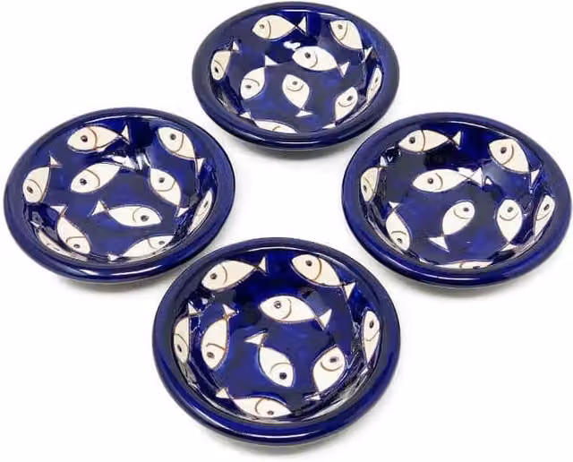 Verano Spanish Ceramics Blue and White Hand Painted Fish Ceramic Tapas Bowls, Set of 4, Diameter: 10 cm – 1