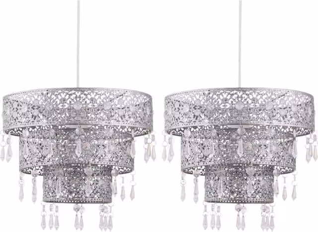 First Choice Lighting Blanca Easy Fit Jewelled Pendant Shades, Set of 2, Silver with Clear Acrylic Detail