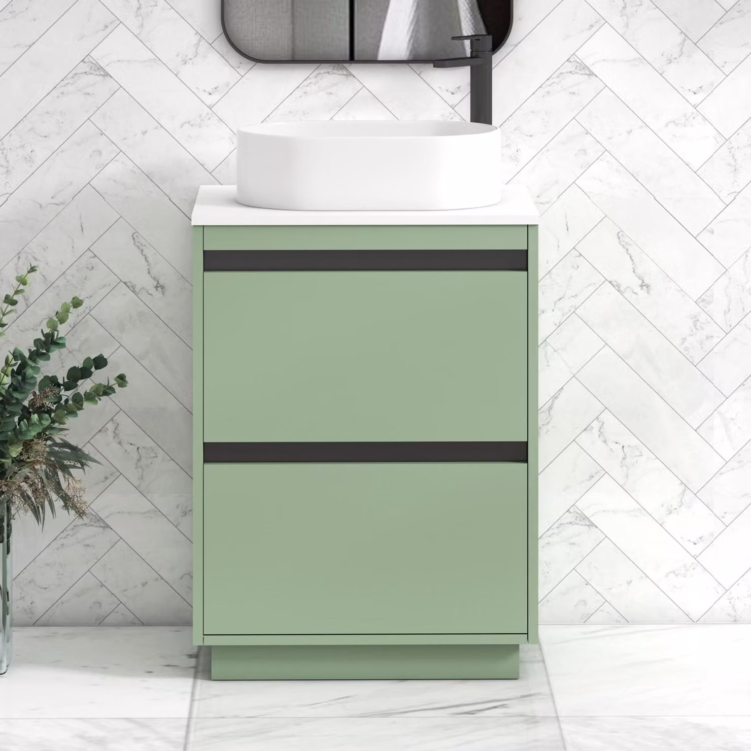 Royal Bathrooms Orion 600mm Mint Sage Floor Standing 2 Drawer Vanity Unit with Peak Basin and Black Accent Trim