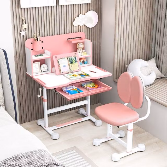 Costway Pink Childrens Height Adjustable Study Desk and Matching Office Chair Set with Tilting Top