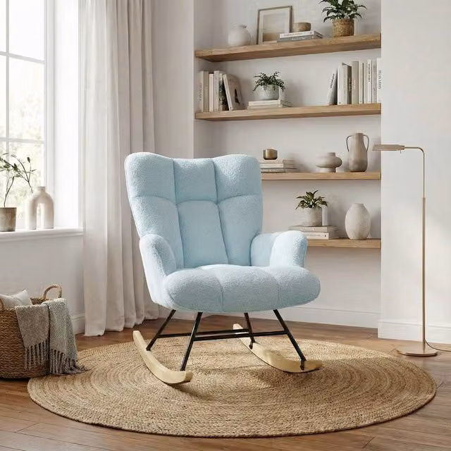 Alivio Blue Bouclé Teddy Rocking Armchair with Armrests and Mixed Frame – 1