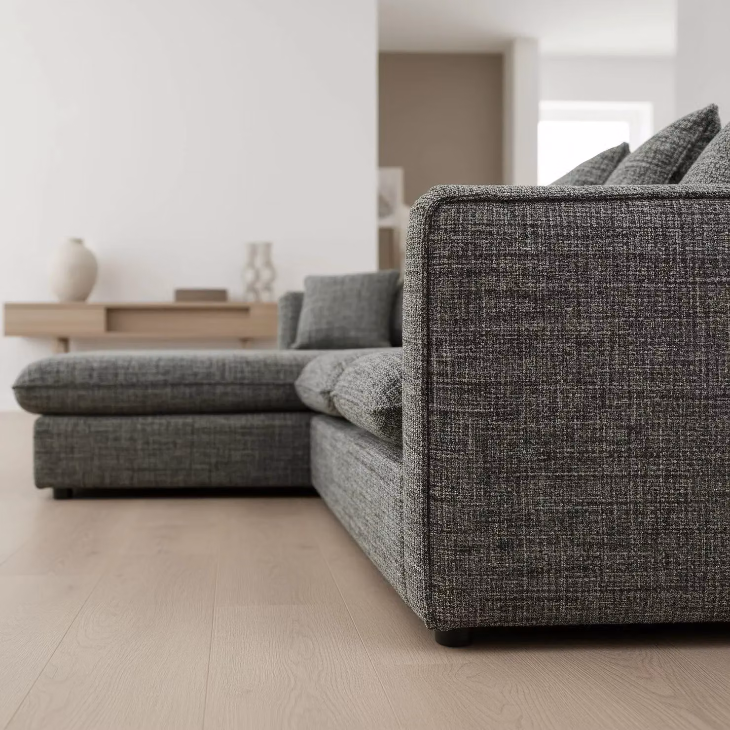 Abakus Direct Lucas L-Shape Corner Sofa in Grey Fabric with Left Hand Facing Chaise Lounge and Scatter Cushions – 3