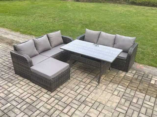 Fimous 4 Piece Rattan Garden Furniture Set with Oblong Dining Table and Big Footstool in Dark Grey Mixed