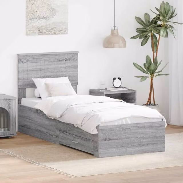Berkfield Home Modern Bed Frame with Drawers in Grey Sonoma and Silver, Engineered Wood, W: 75 cm x L: 190 cm – 1