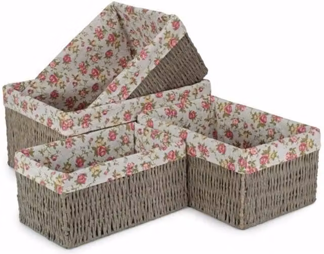 Red Hamper Set of 4 Paper Rope Storage Baskets with Grey Garden Rose Cotton Lining